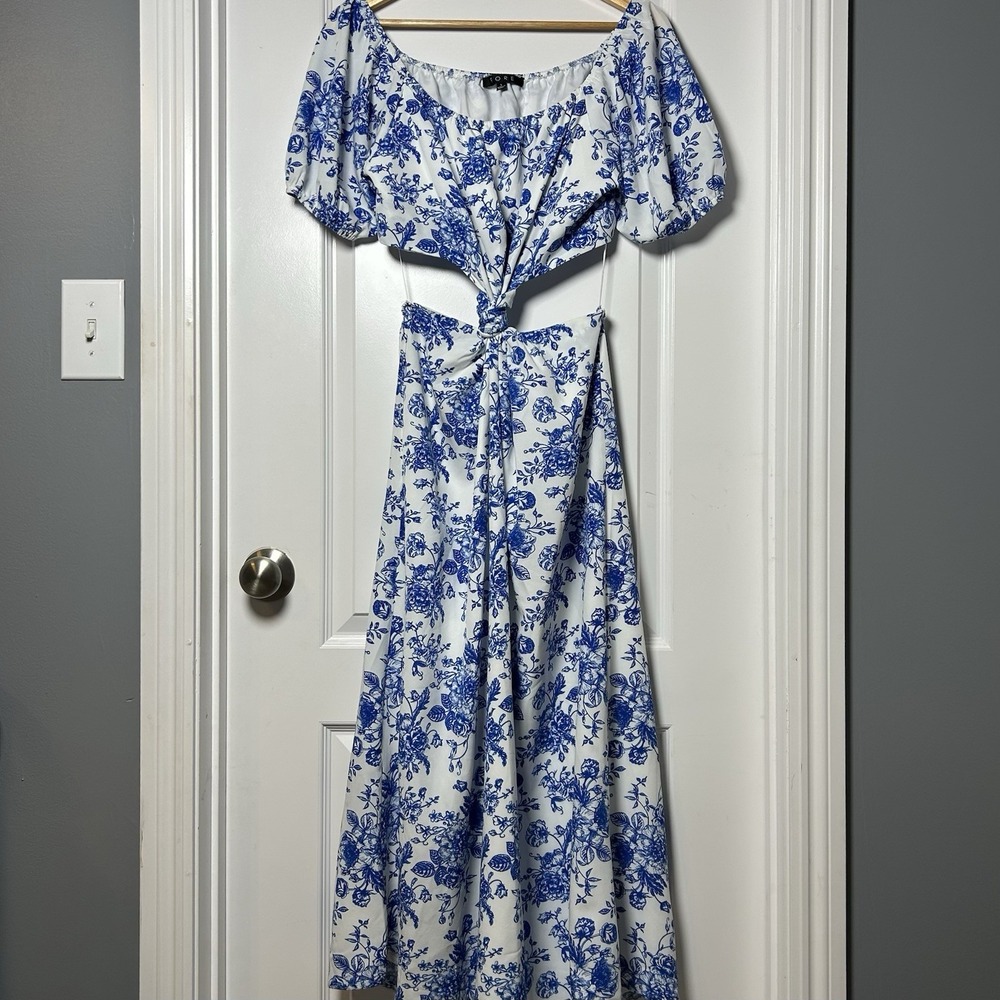 FORE Blue White Toile Floral Cutout Maxi Dress Coastal Romantic Feminine Style